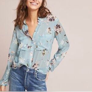 Anthropologie Cloth & Stone Sheer Blouse in Blue Floral Women’s Size XS